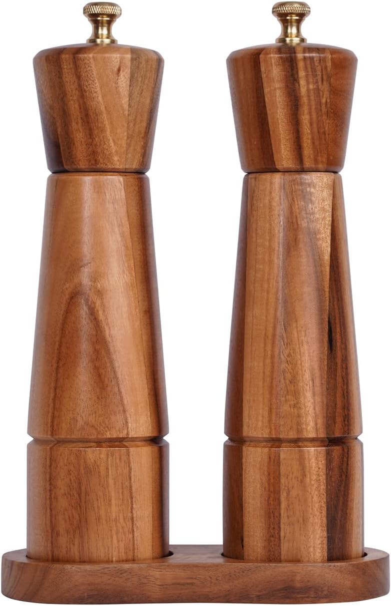 DeroTeno Salt and Pepper Mill Set with Tray, Adjustable Ceramic Grinder Salt Mil...