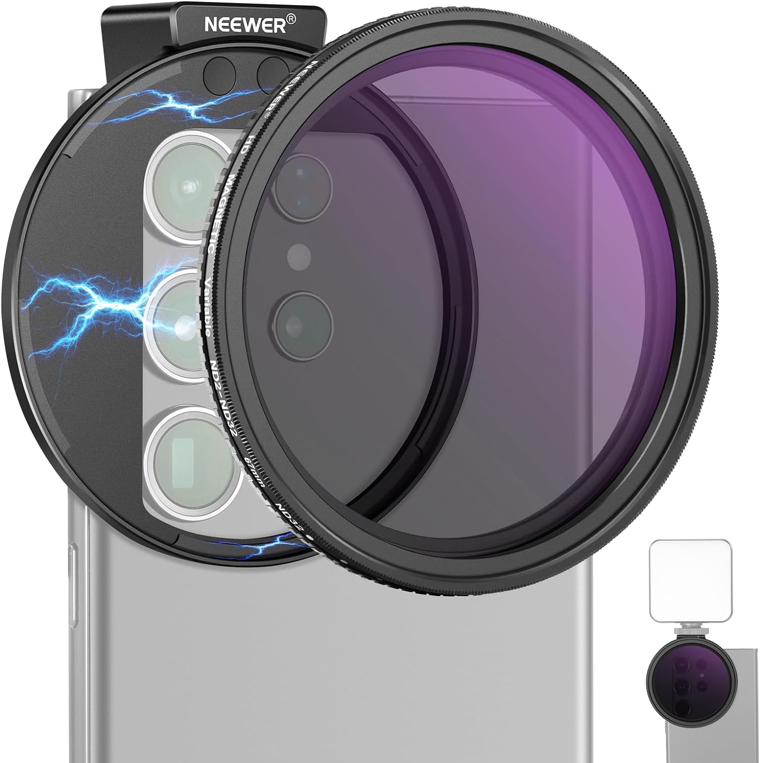 NEEWER 67mm Clip On Variable ND2-ND32 Phone Lens Filter Kit, Phone Clip with Mag...