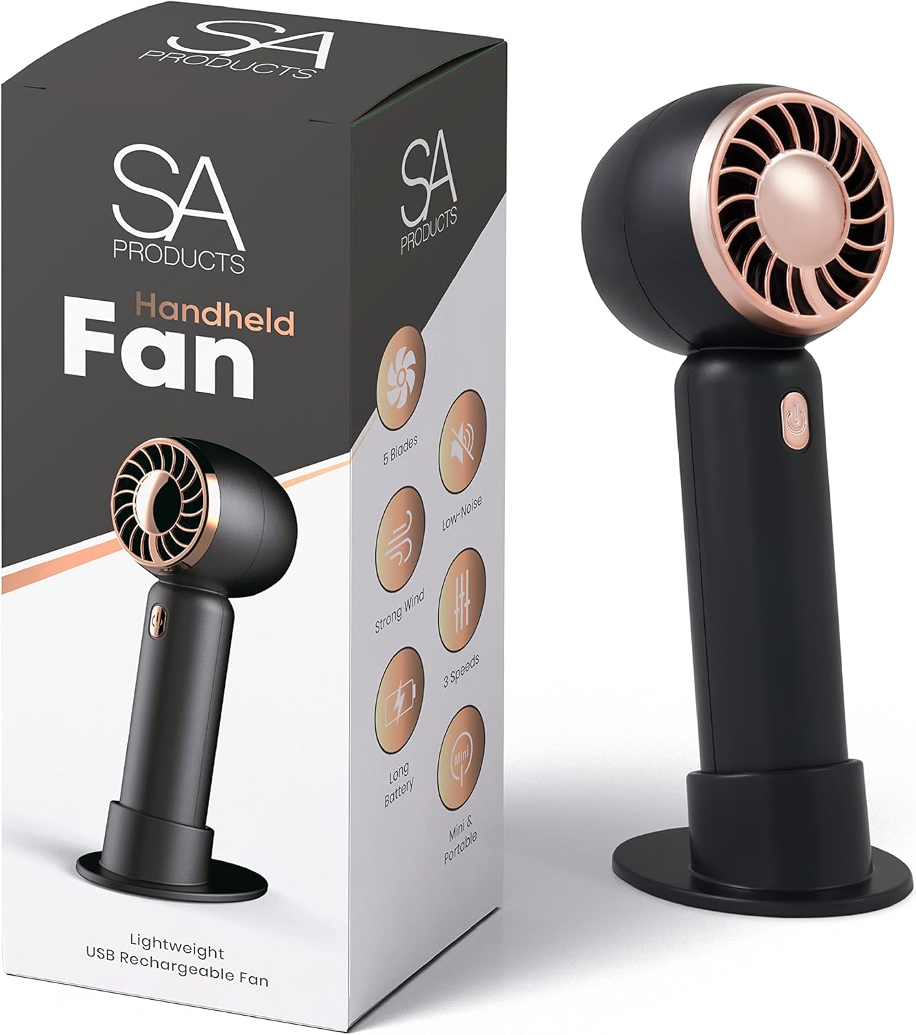 SA Products Mini Handheld Fan - Low Noise 3-Speed Hand Fan - USB Rechargeable Mi...