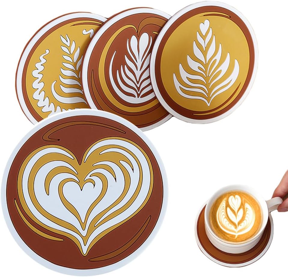 Aieino Drink Coasters Set of 4, Silicone Base Round Coaster Cappuccino Broach Cu...