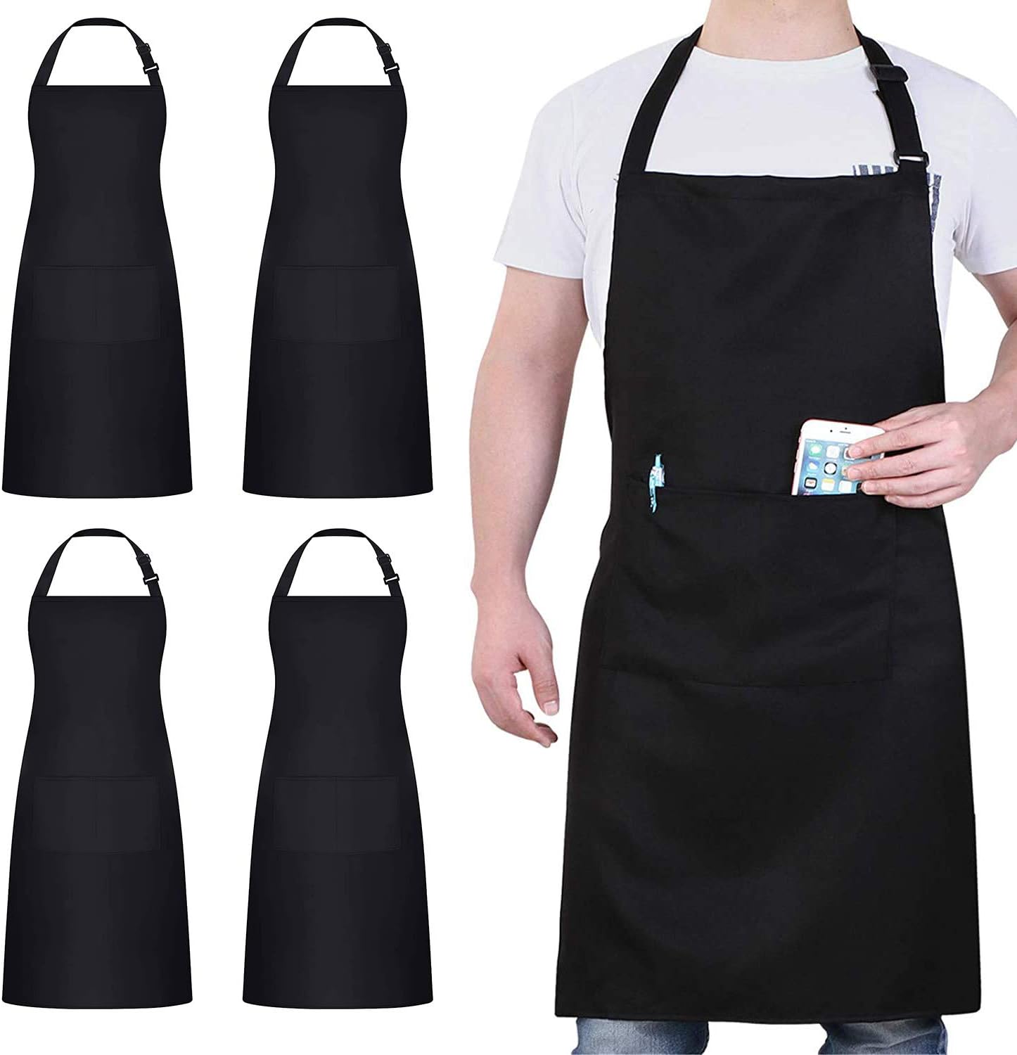 atopo 4 Pack Chef Aprons, Black Apron with 2 Pockets, Waterproof Adjustable Apro...