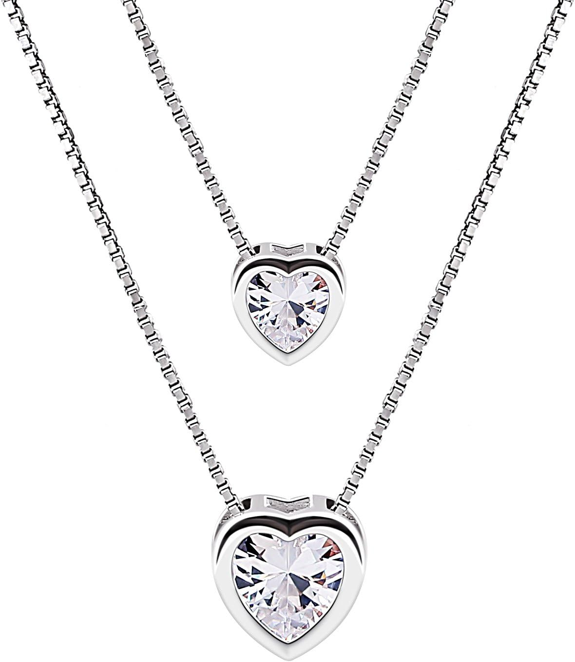 B.Catcher 925 Sterling Silver Cubic Zirconia Double Layer Heart Bead Chains Neck...