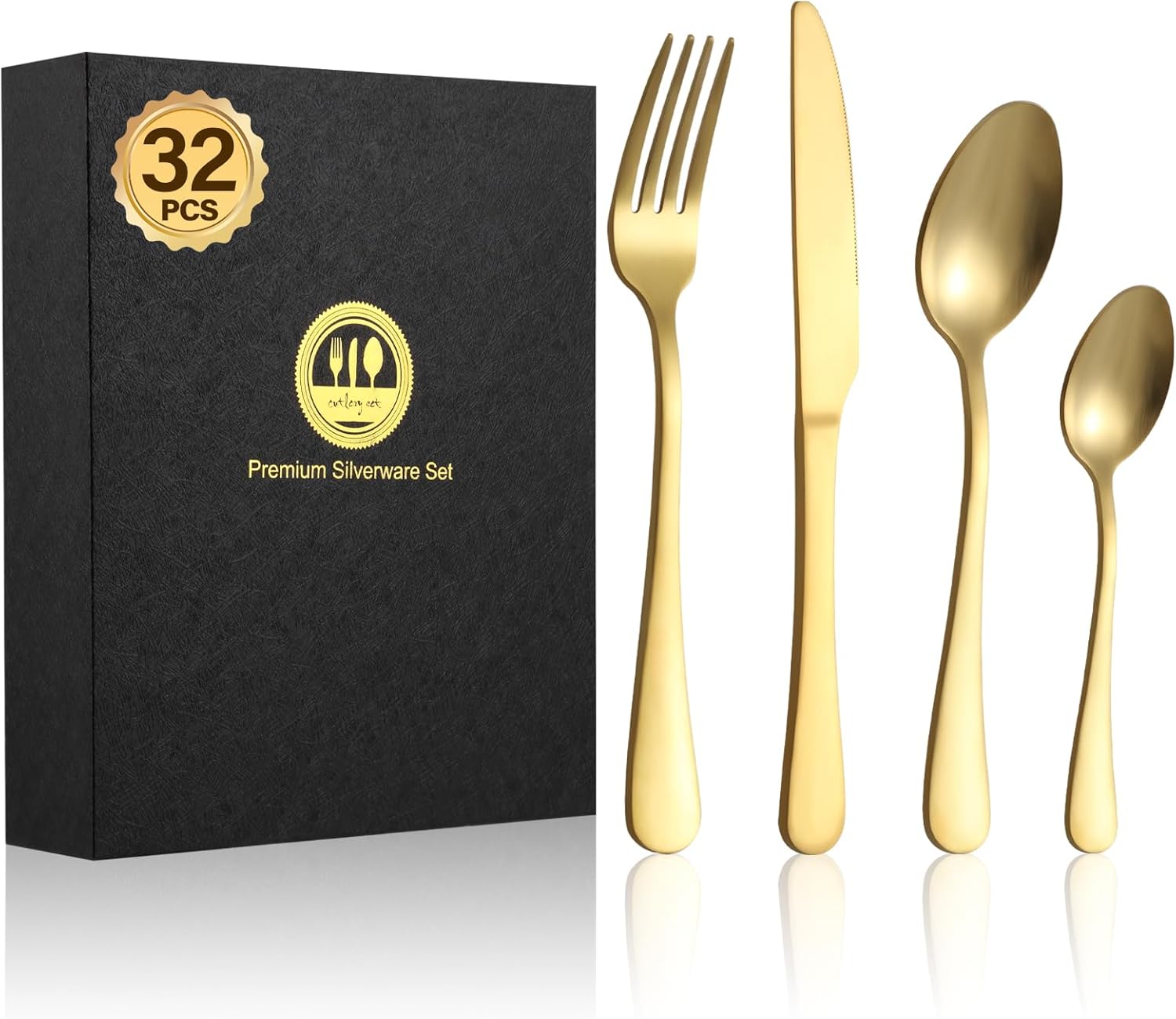 BEWOS 32-Piece Stainless Steel Cutlery Set, Matt Gold Knives and Forks Set, Serv...