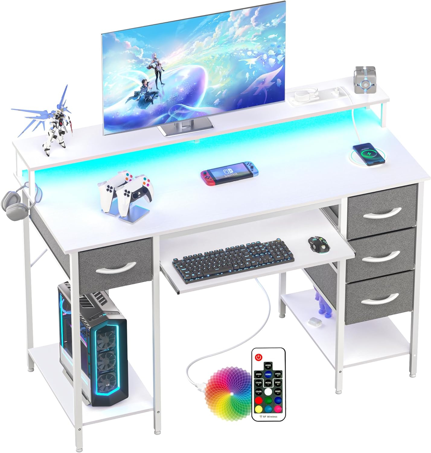 BEXEVUE Modern Desk with Power Outlets LED - 120x50 cm Computer Table Gaming Des...