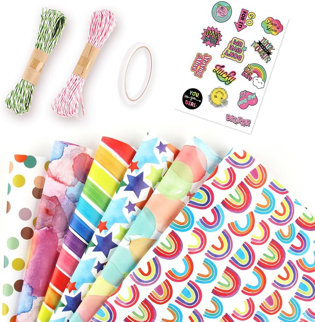 Aieino Gift Wrapping Paper - 6 Designs Birthday Wrap Rainbow Packing Paper with...