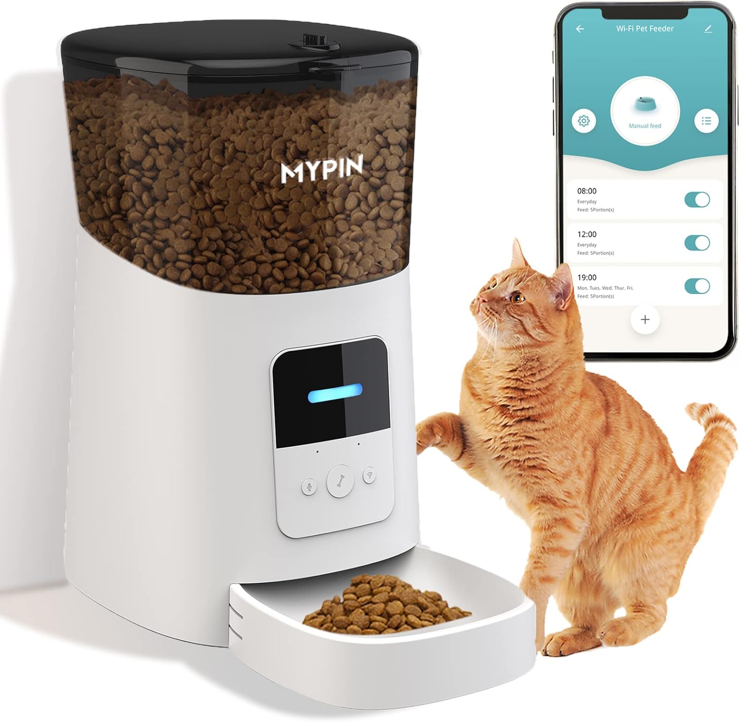 Automatic Cat Feeder, MYPIN 2.4G WiFi 6L Cat Food Dispenser, App Control Cat Fee...