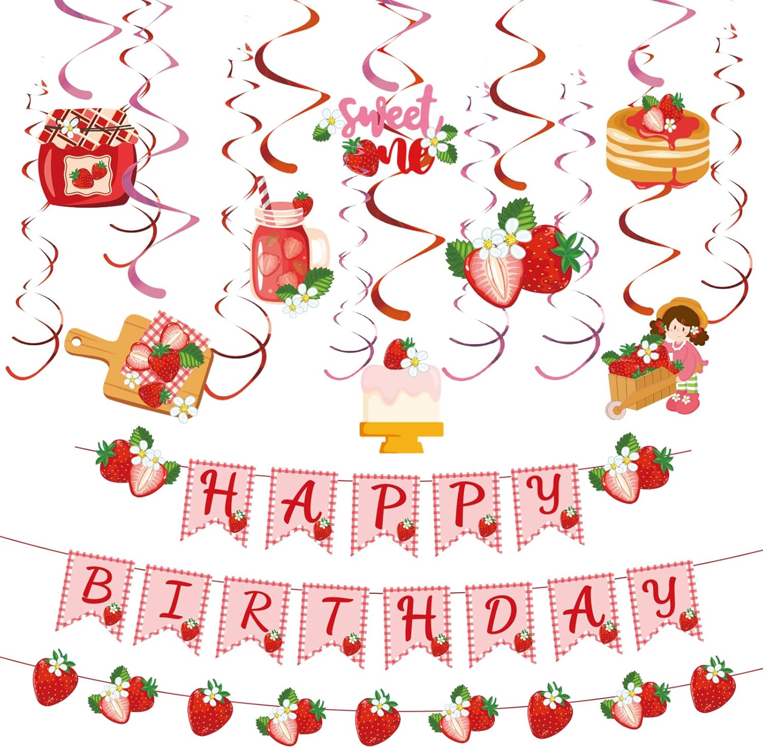 SUNBEAUTY Banner Happy Birthday Strawberry Pink Bunting Birthday Decorations - V...