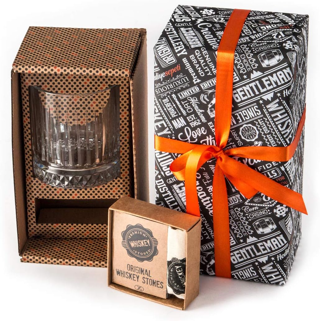 Whisky Gift Set - Large Old Fashioned Whisky Glass - 12pcs Whiskey Stones with G...
