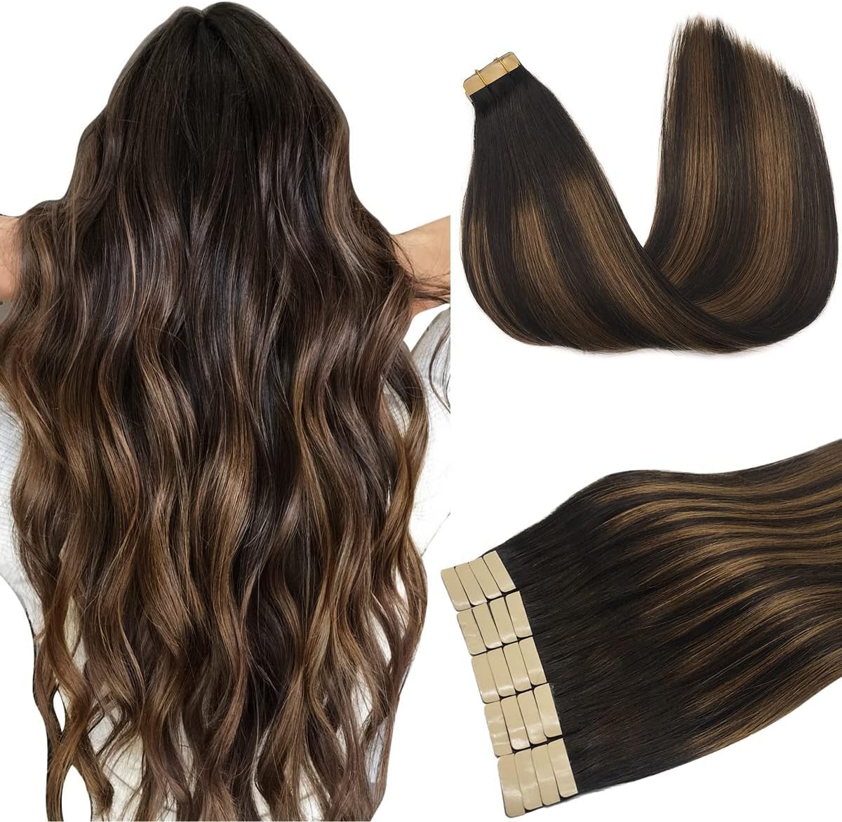 DOORES Tape in Hair Extensions Human Hair Balayage Dark Brown to Chestnut Brown...