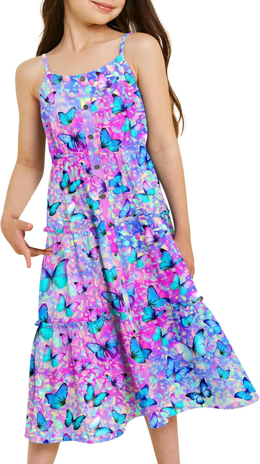 ALISISTER Girls Sleeveless Casual Dress Ruffle Pleated Tiered Dresses Spaghetti...