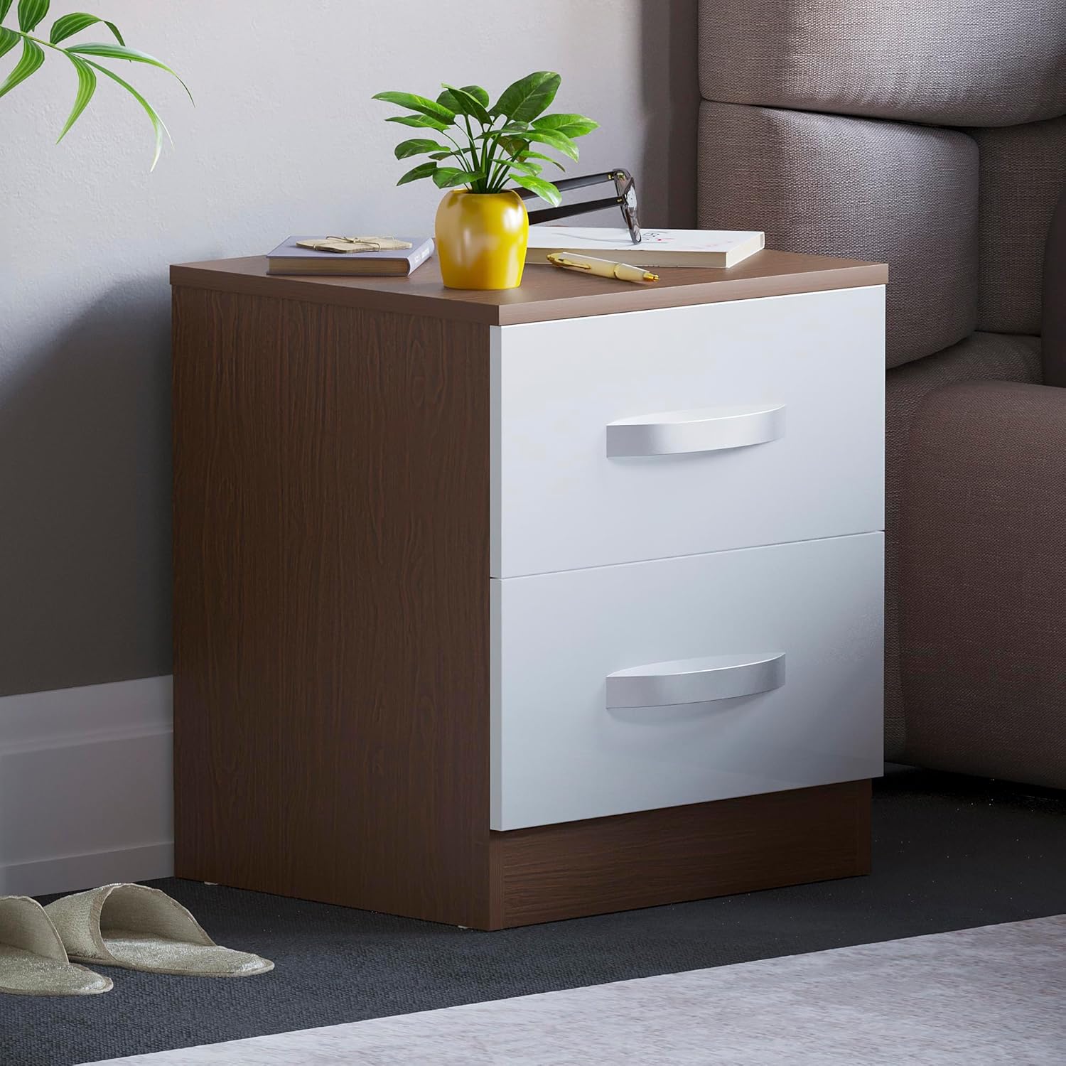 Vida Designs High Gloss Bedside Tables, Nightstand Side Table (Walnut & White, 2...