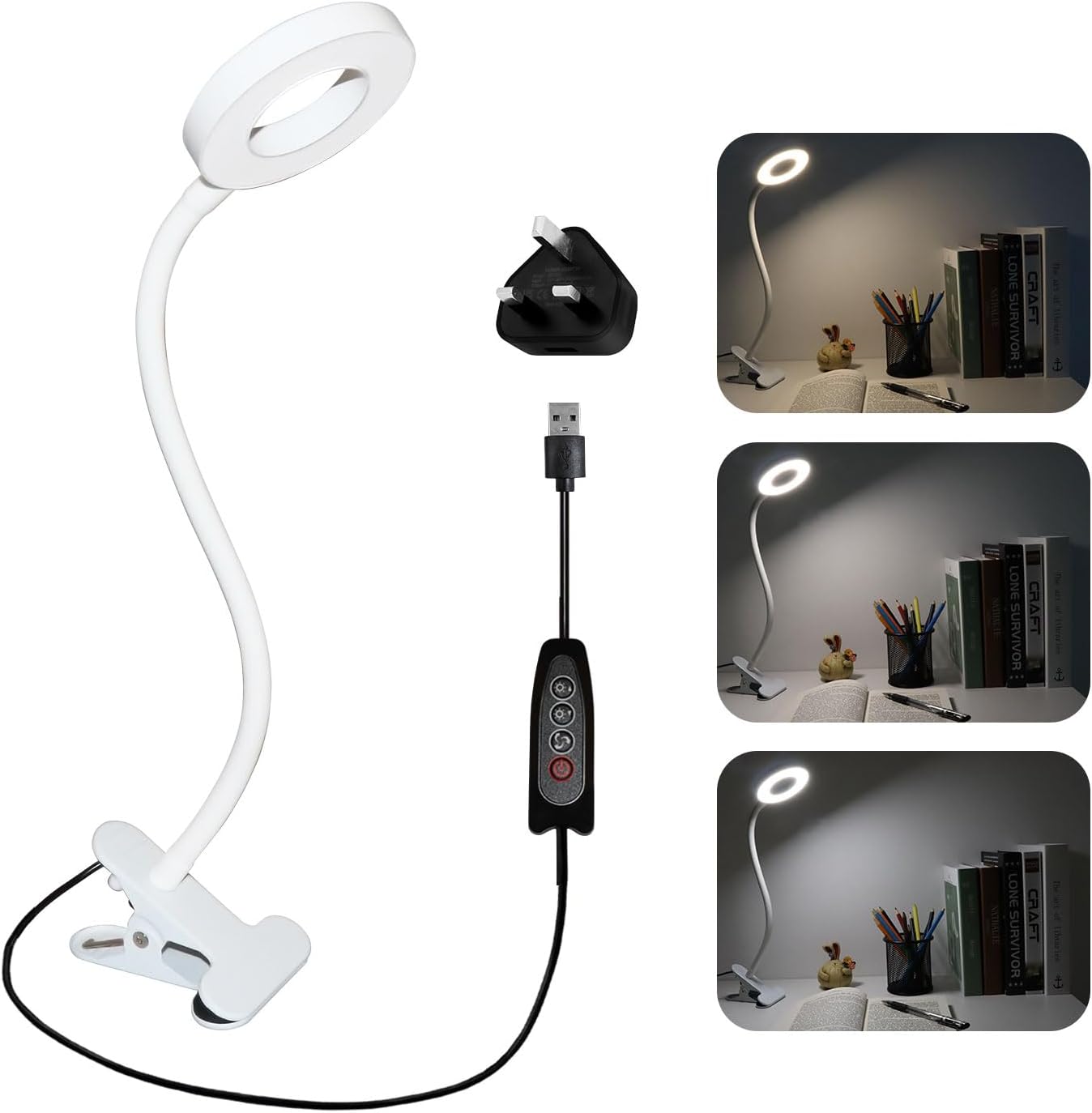 Akynite 48 LED USB Reading Lamp Clip On Bed with UK Adapter, 7W Clip Desk Lamp,...