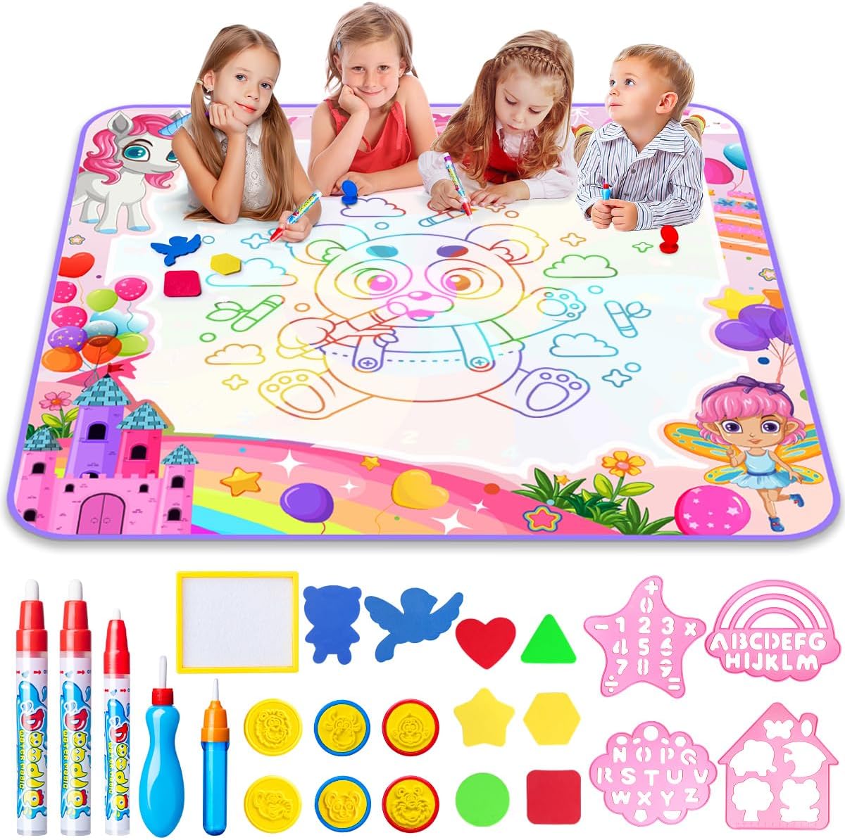 LOYO Water Doodle Mat, 105X100cm Mess Free Water Drawing Mat with 5 Water Pens,...