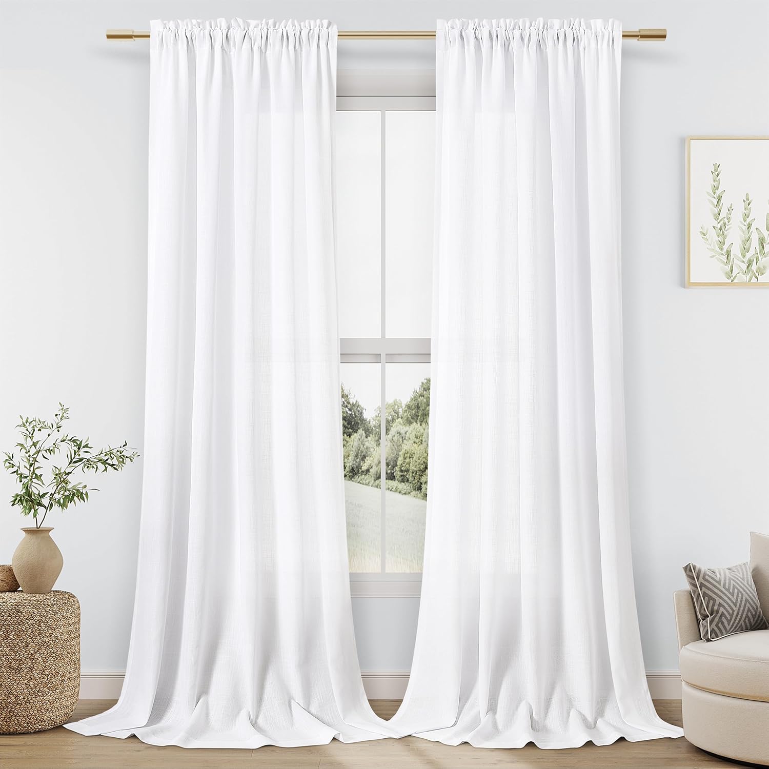 Guken White Linen Curtains 120 Inch Length for Living Room Bedroom 2 Panels Set...