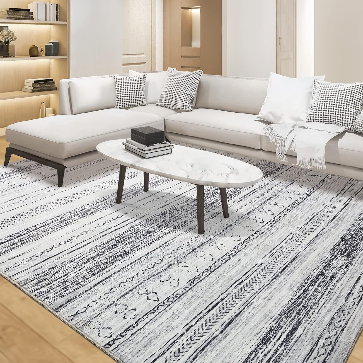 Area Rug Living Room Rugs - 9x12 Washable Large Soft Neutral Boho Moroccan Bohem...