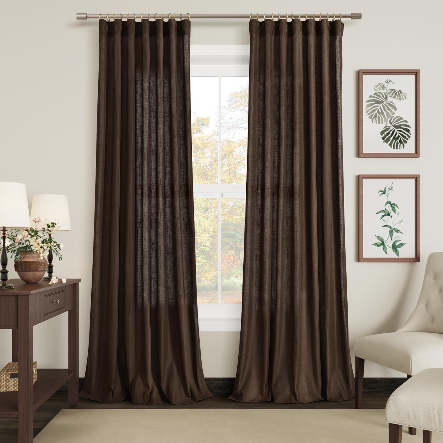 Joywell Hook Belt Linen Semi Sheer Curtains Inches Length Long Rod Pocket/Back T...