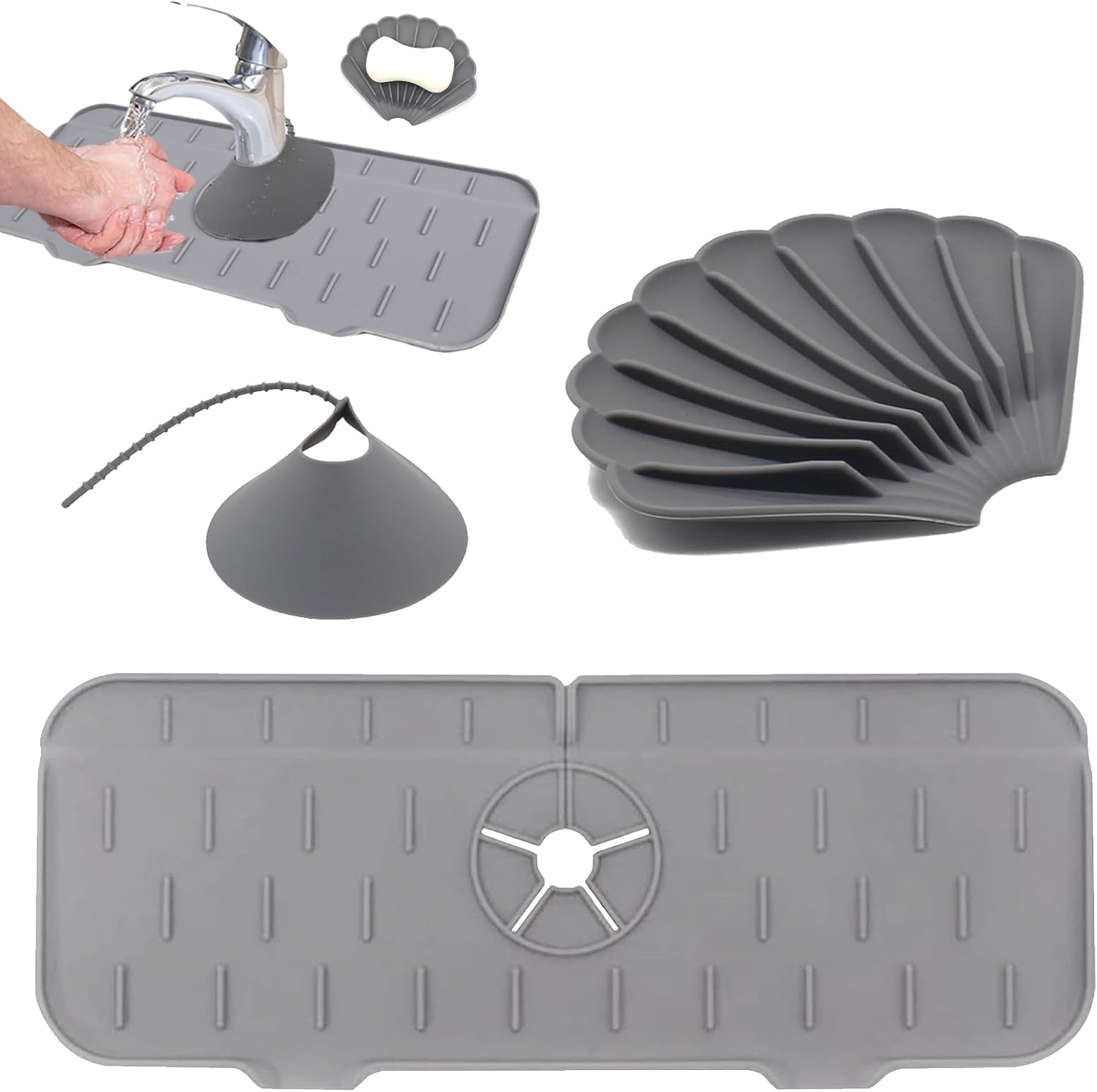 3 Pcs Silicone Faucet Mat Set, Silicone Faucet Handle Drip Catcher Tray, Soap Sp...