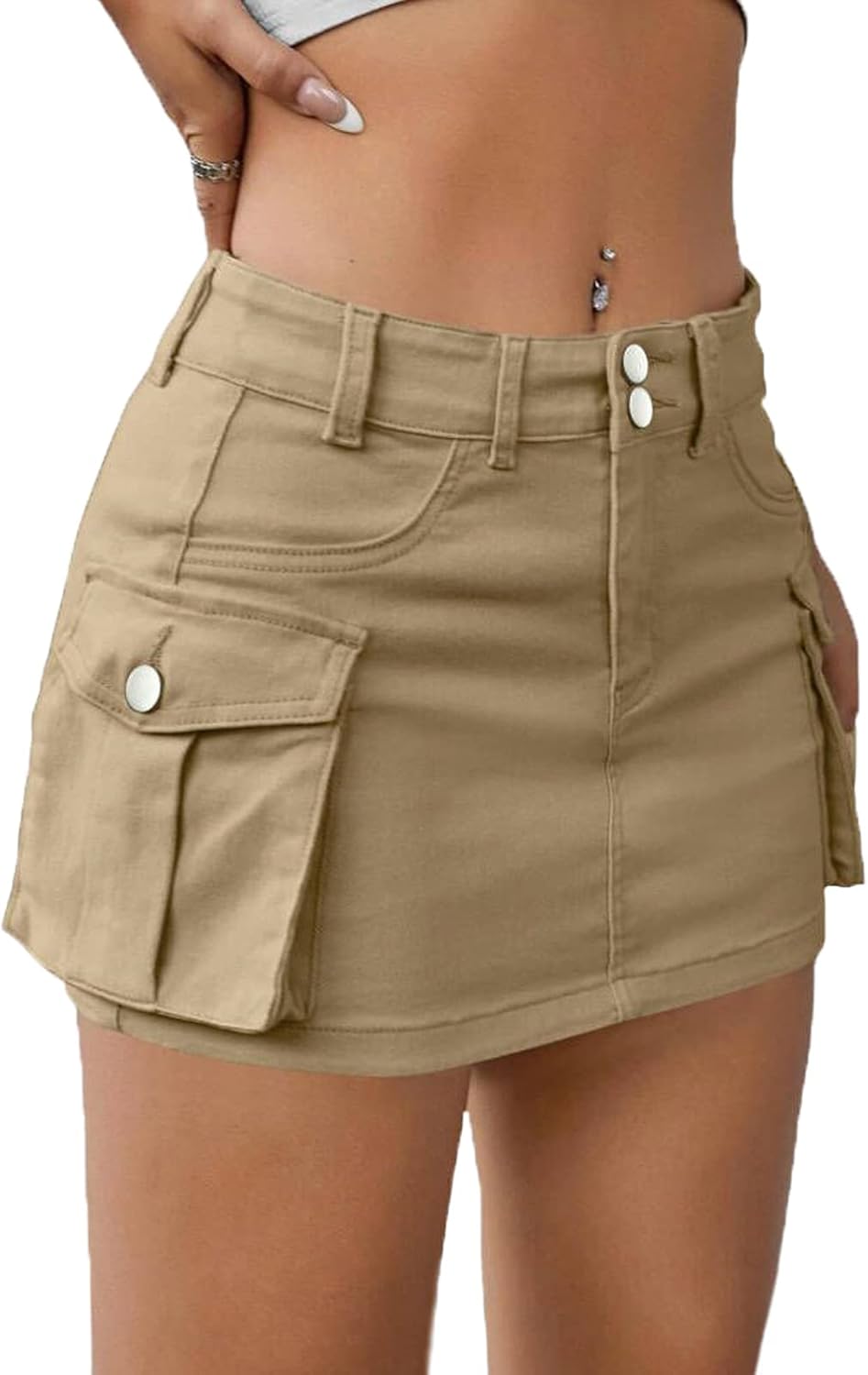 Low Waist Cargo Skirt Women Button Mini Cargo Denim Skirt with Pocket Mini Skirt...