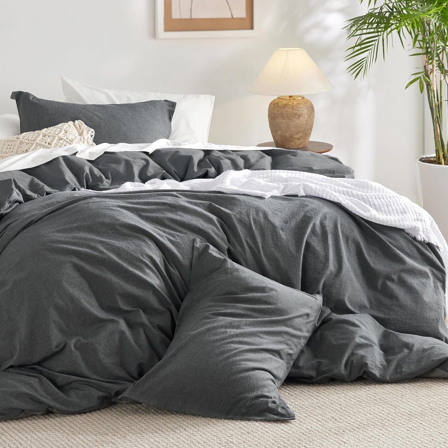 Bedsure Twin Comforter Set Dark Grey - Cotton Fabric with Microfiber Inner Fill,...
