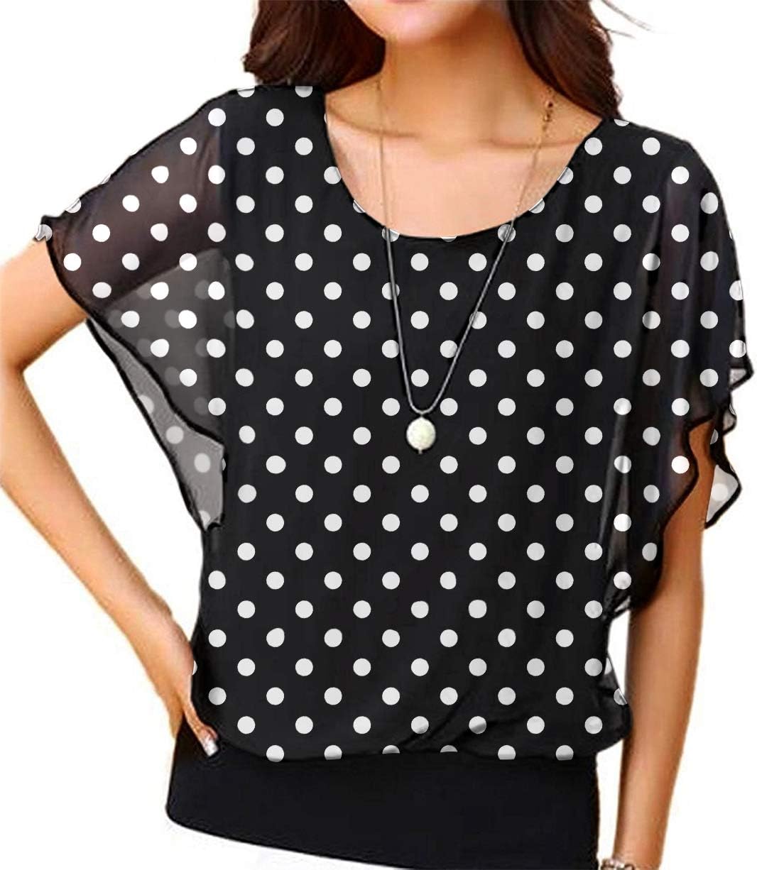 Neineiwu Women's Loose Casual Short Sleeve Chiffon Top T-Shirt Blouse White Polk...