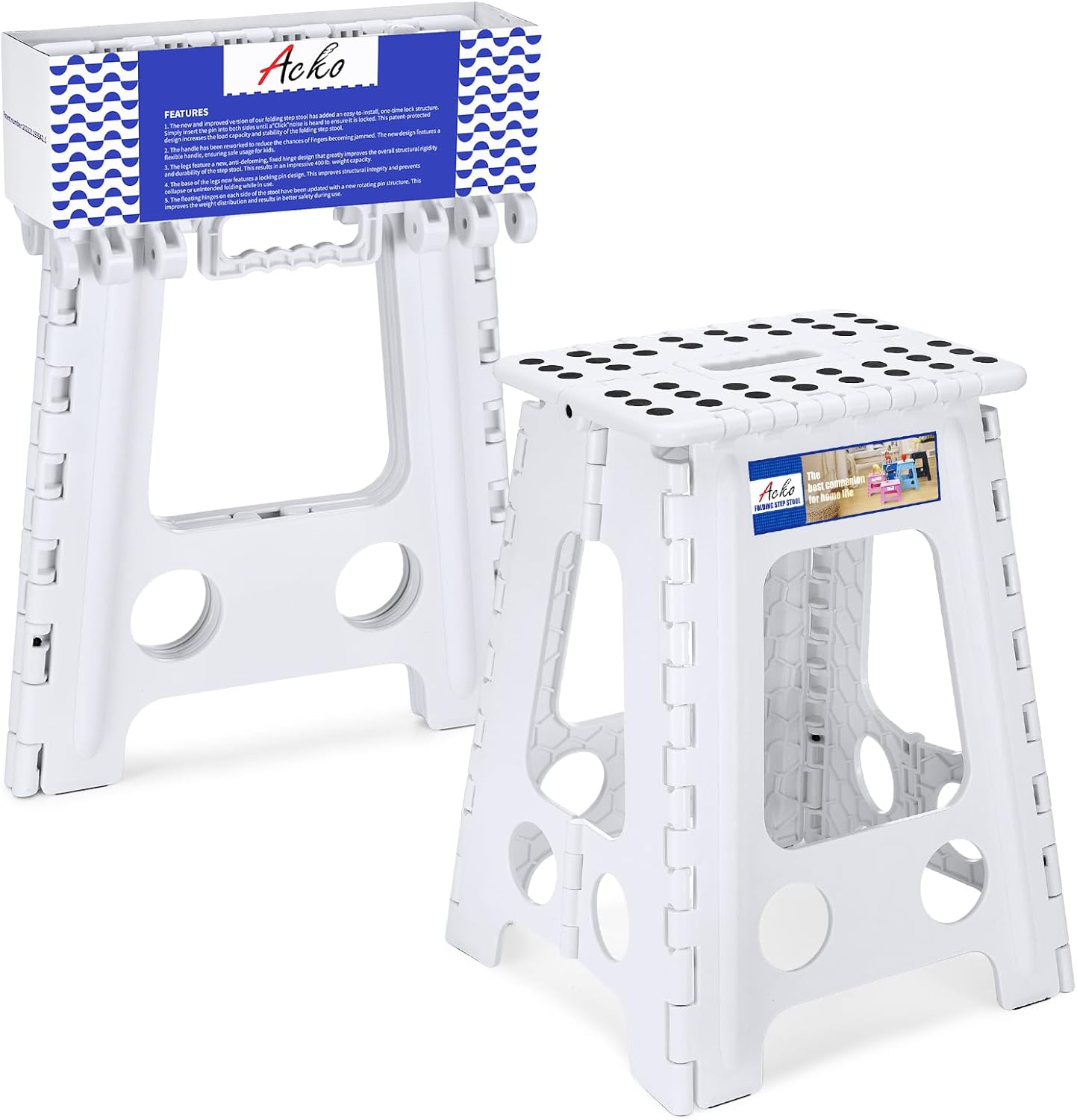 ACKO Folding Step Stool 17.5 Inch Stool 400 LB Weight Capacity Plastic Foldable...