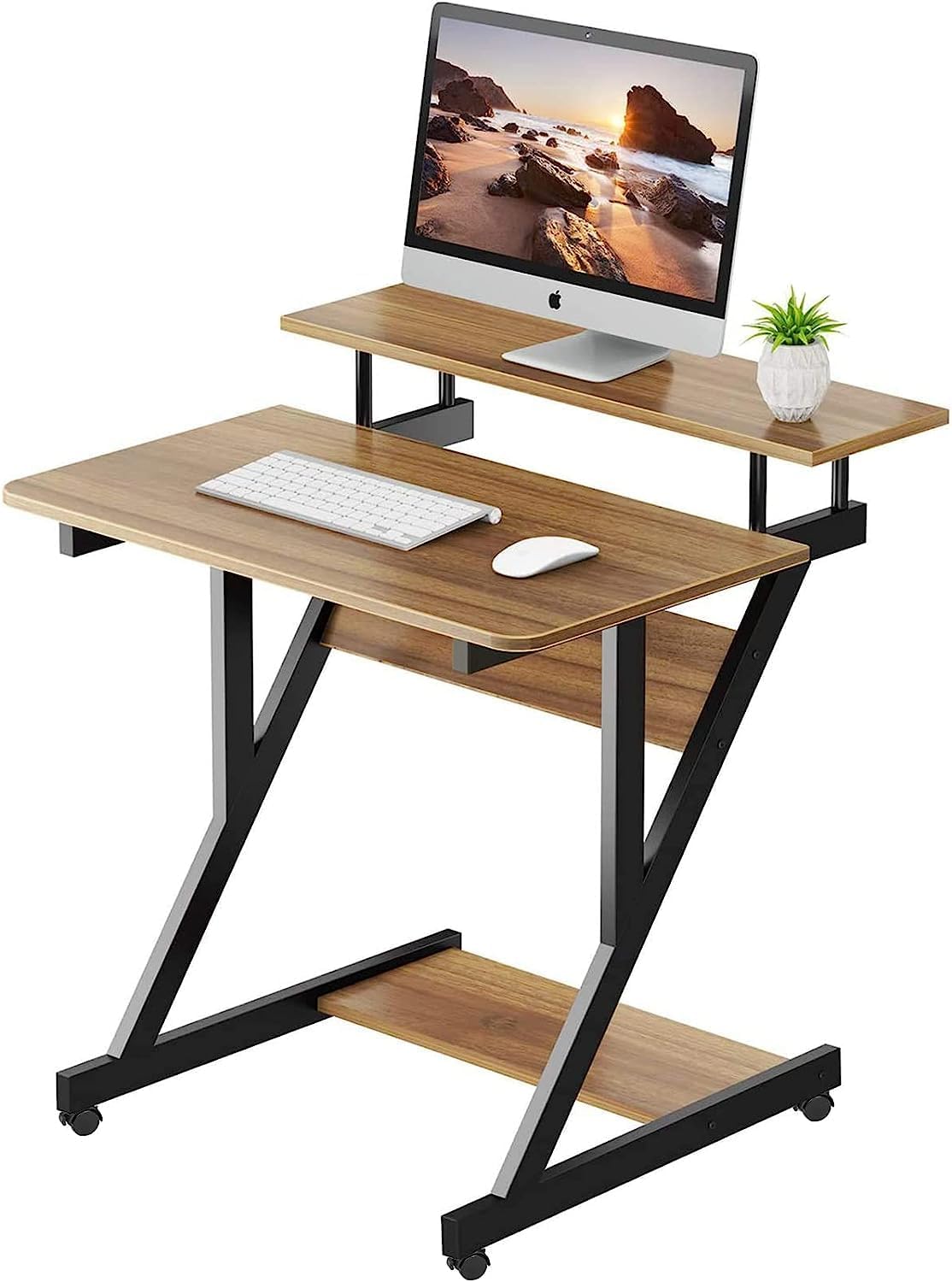 Dripex Computer Desk with Monitor Shelf - Mobile Z Shaped Home Office Desk with...