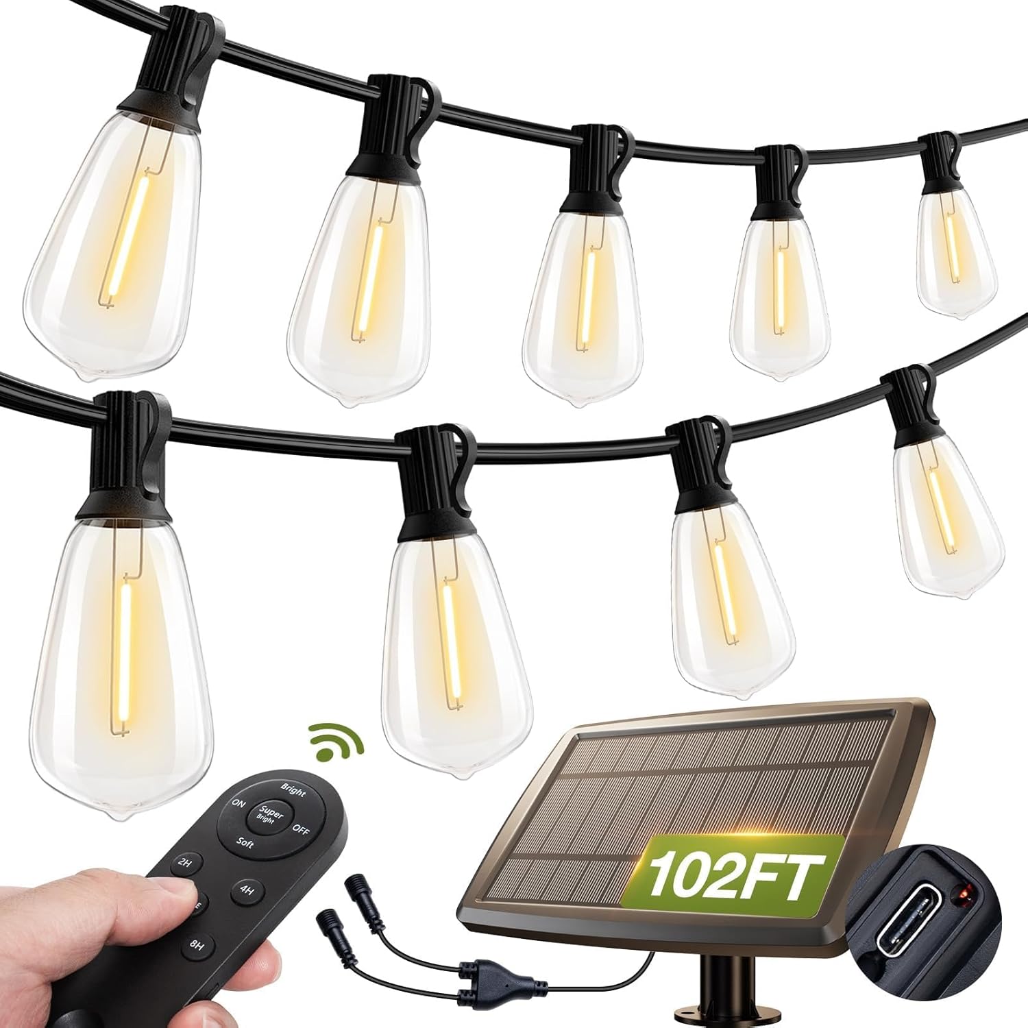 addlon 102(96+6) FT Solar String Lights Waterproof,Patio Lights Solar Powered wi...