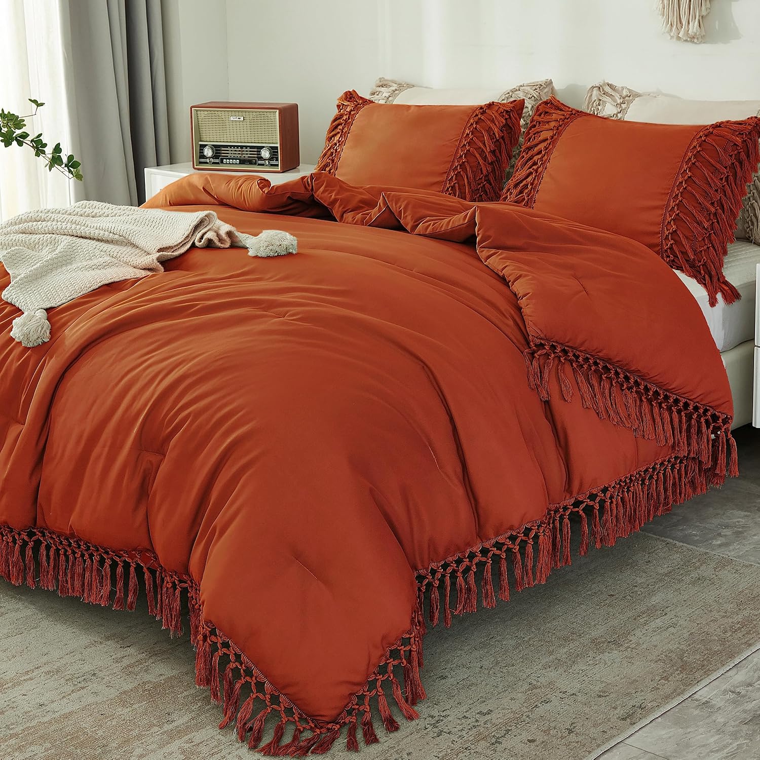 Andency Comforter King Size Set Burnt Orange, 3 Pieces Boho Terracotta Tassel Li...