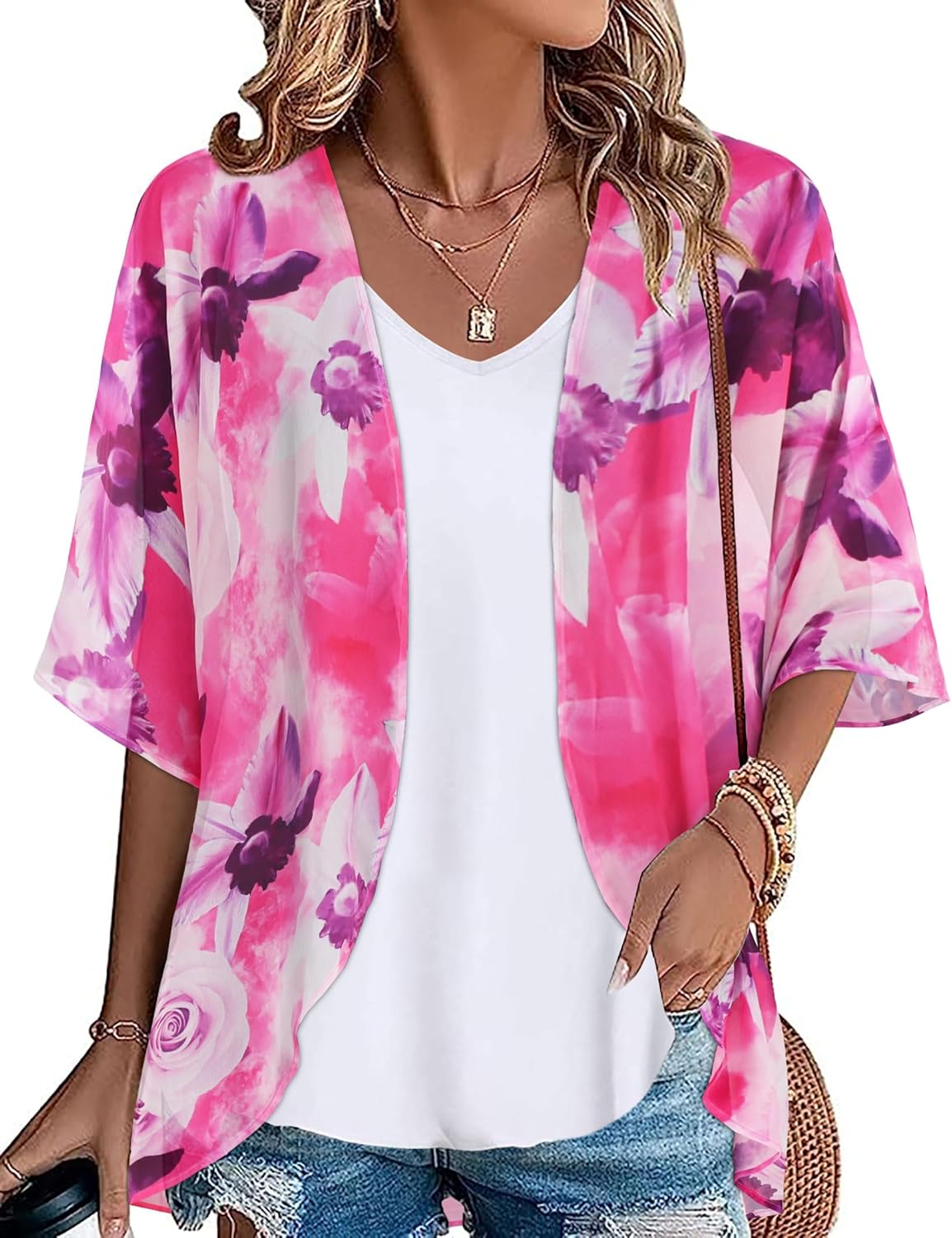 Womens Kimono Beach Cover Up Chiffon Cardigan Floral Tops Loose Capes Small Pink...