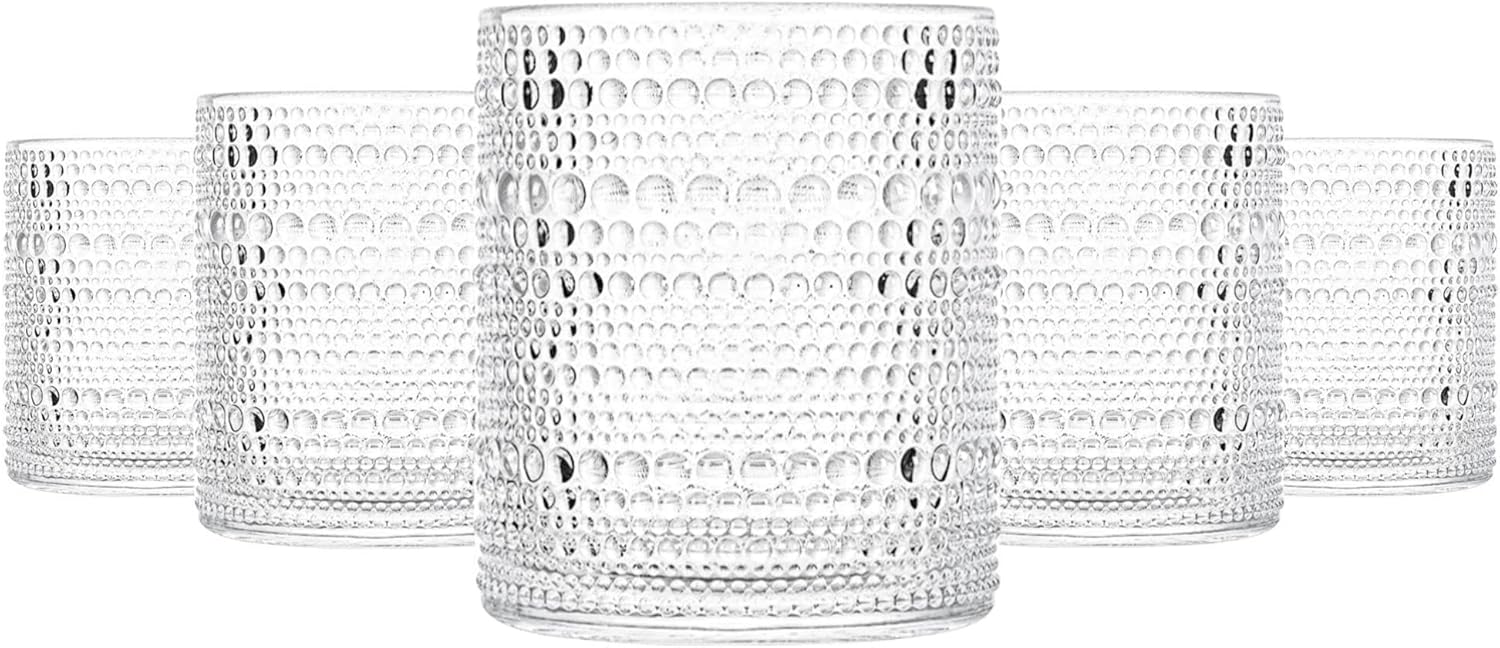 Glassware Set of 6, 13 OZ/390ml Hobnail Kitchen Glassware, Embossed Vintage Glas...