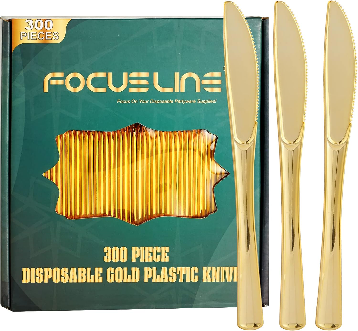 FOCUSLINE 300 Pack Disposable Gold Plastic Knives, Solid and Durable Plastic Cut...