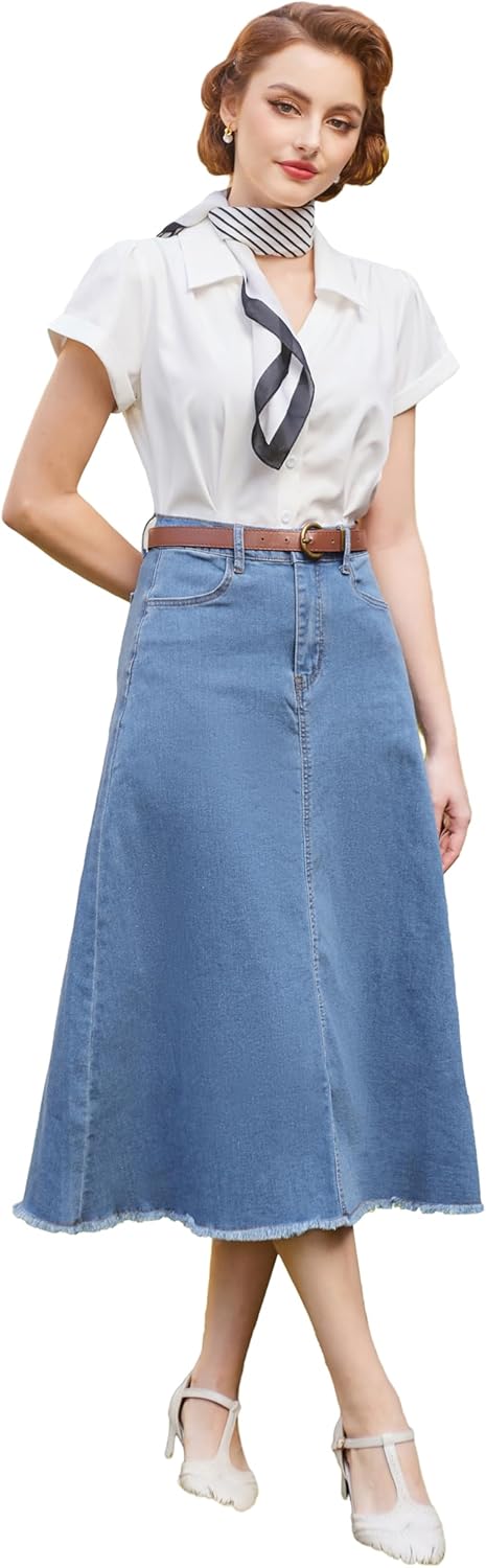 Belle Poque Women Jeans A-Line Skirt Flared Stretch Denim Skirt Midi Skirt Flare...
