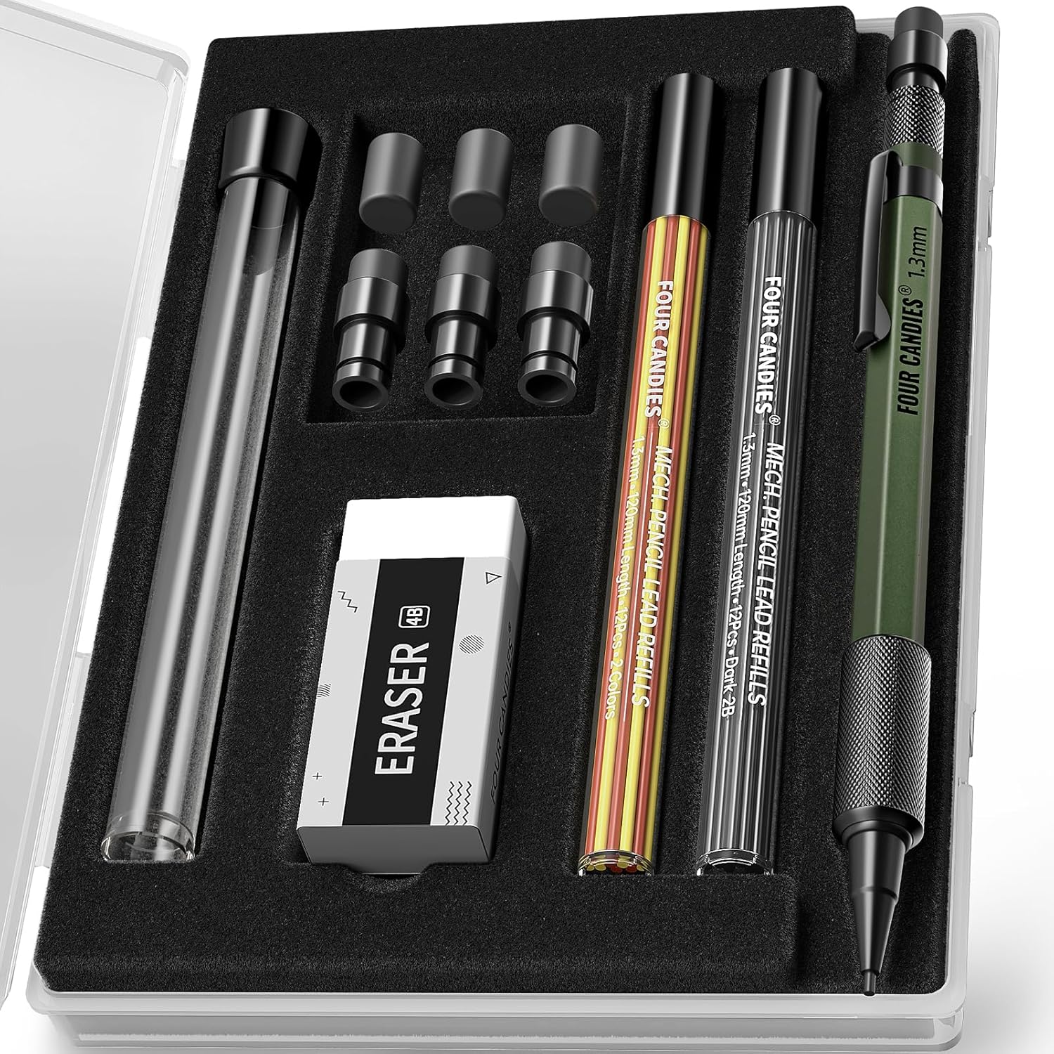 Four Candies 1.3mm Mechanical Pencil Set with 24 Lead Refills, Metal Weatherproo...