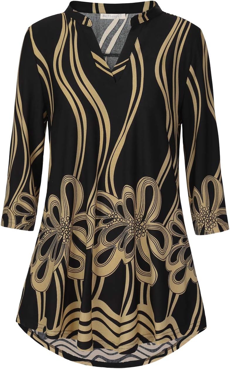 BAISHENGGT Womens Tunics Notch V Neck Tops 3/4 Sleeve Work Blouses Dressy Casual...