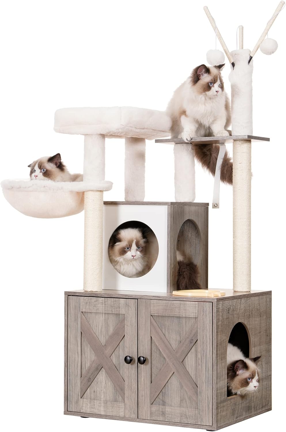 Heybly Cat tree, Wood Litter Box Enclosure with Food Station, All-in-one Indoor...