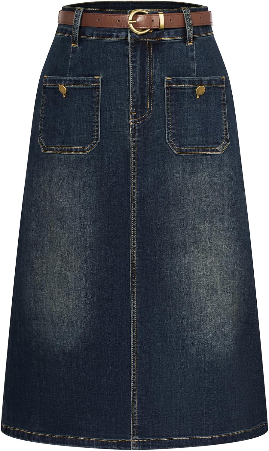 Belle Poque Women Denim Skirt Knee Length Casual Straight Jean Skirt with Belt L...