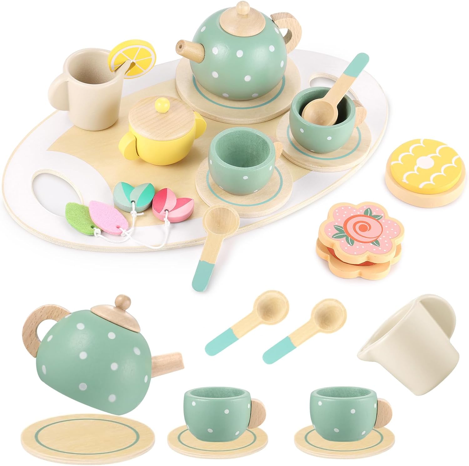 GAGAKU Wooden Tea Set for Toddler,Wooden Toys Toddler Tea Set Play Kitchen Acces...