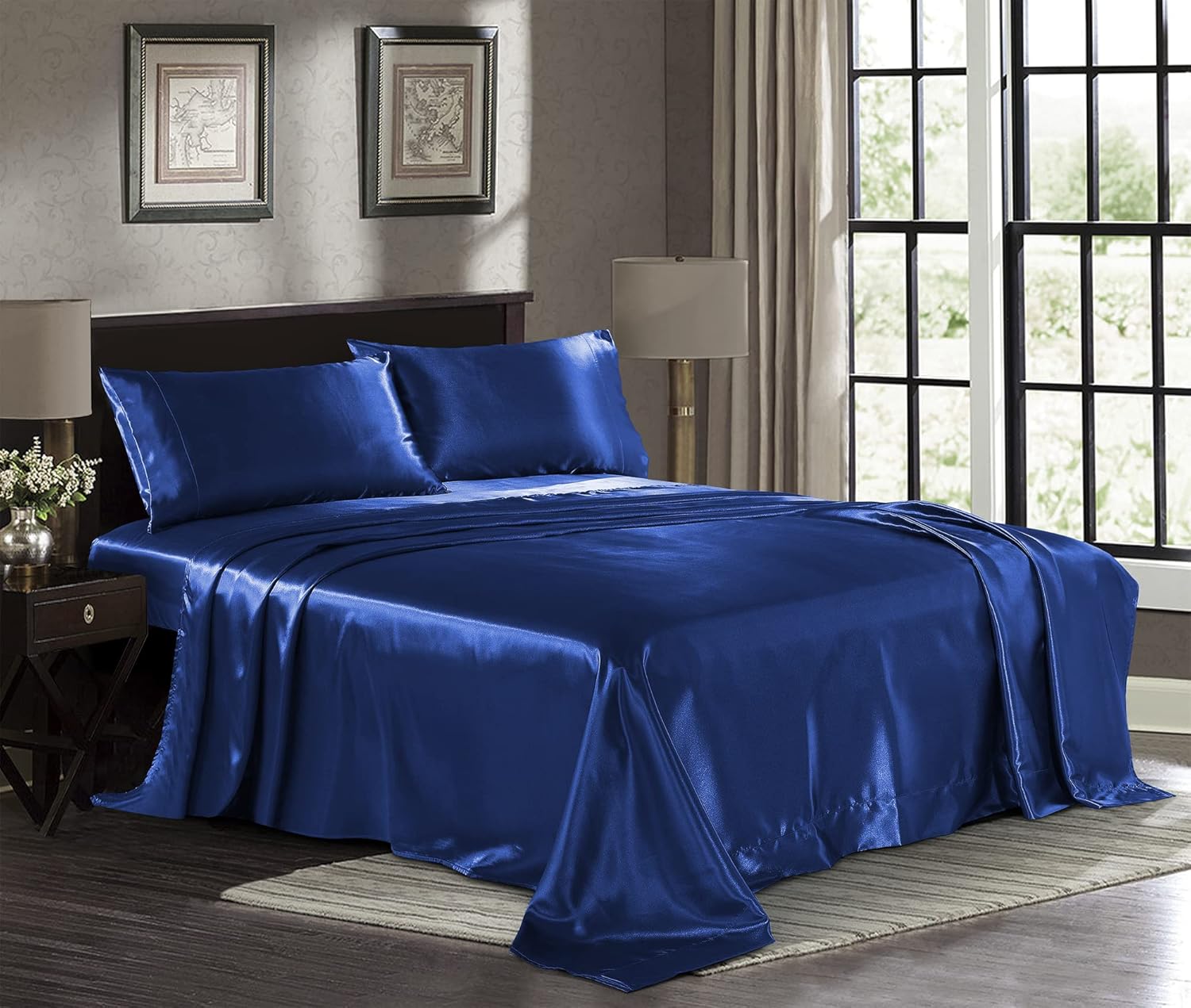 Satin Sheets Twin [3-Piece, Navy] Hotel Luxury Sil...
