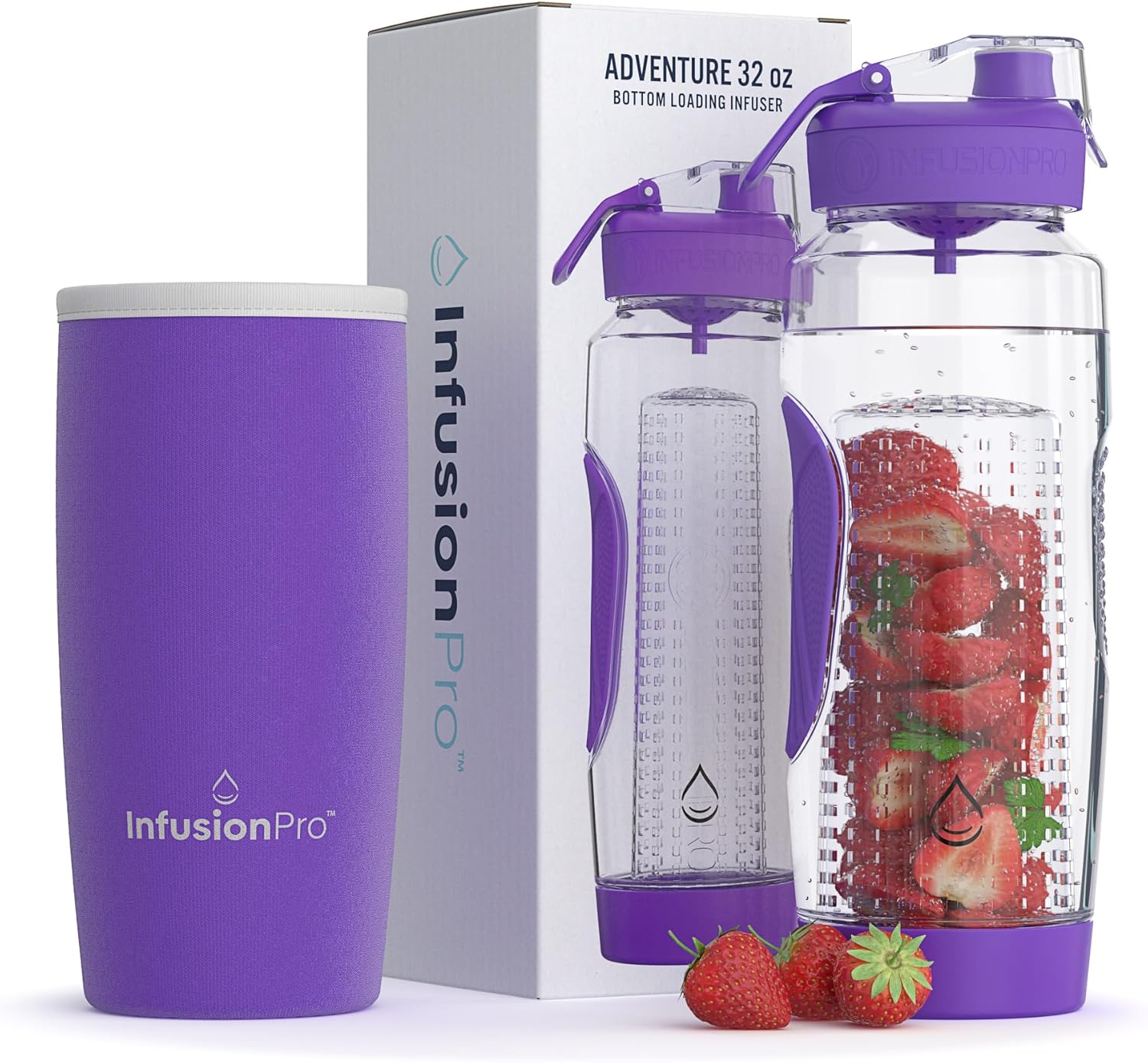 Infusion Pro 32 oz Fruit Infuser Water Bottle with Insulated Sleeve & 50 Recipe...
