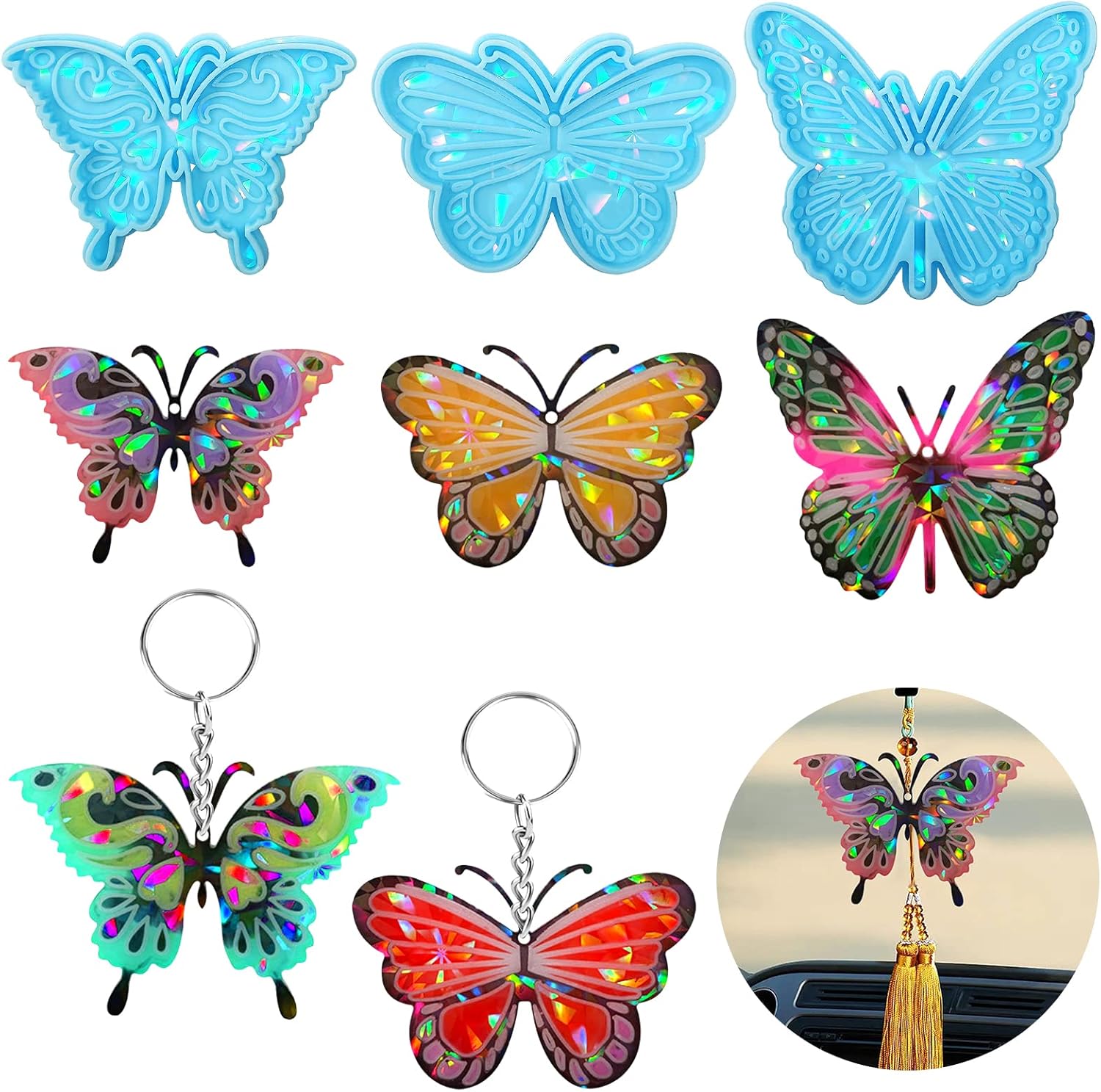 MJARTORIA Holographic Silicone Moulds for Resin Keychain Butterfly Epoxy Resin M...