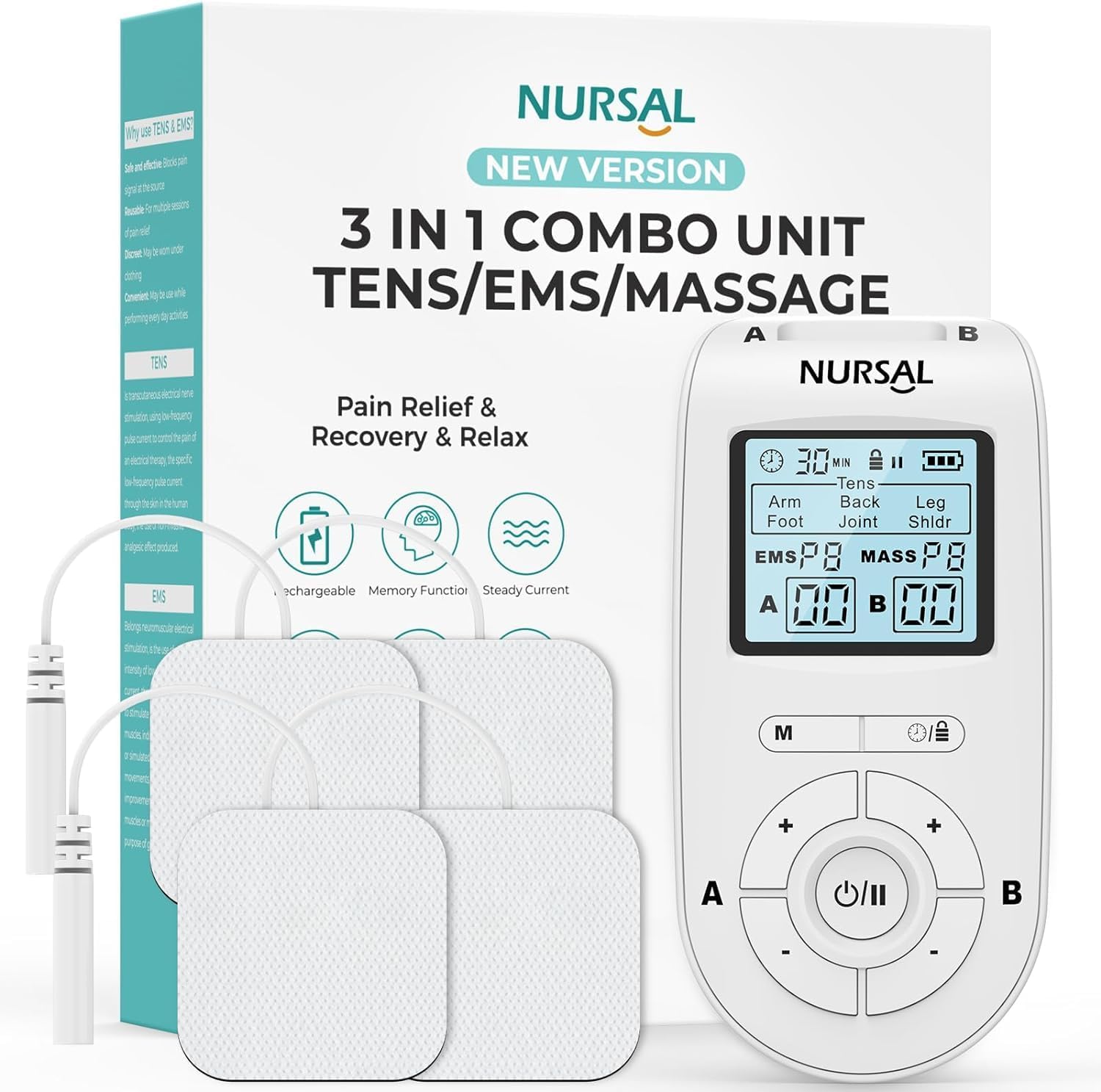 NURSAL 3-in-1 Tens Unit Muscle Stimulator Machine, Dual Channel Electronic Pulse...