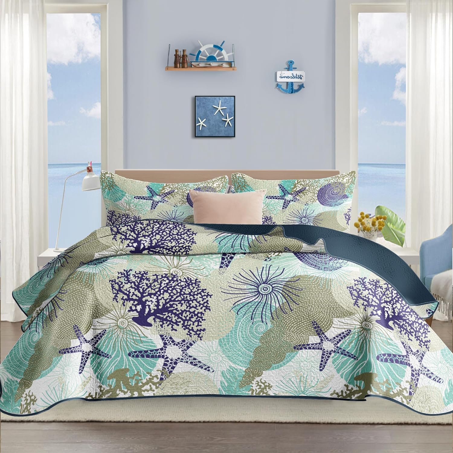 Tritard 3 Piece Coastal Quilt Sets Full/Queen Size - Reversible Microfiber Quilt...