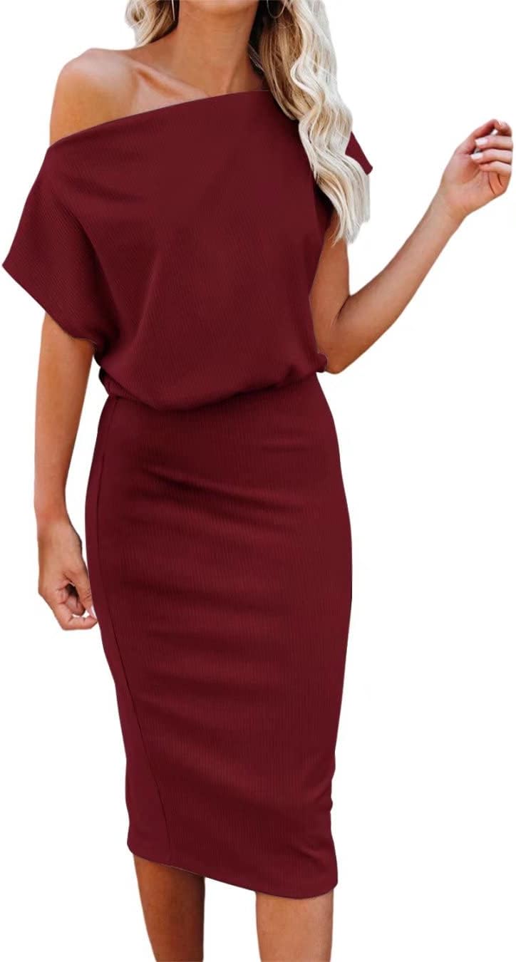 Ezbelle Women's 2024 Summer Dress Off The Shoulder Short Sleeve Ribbed Casual Pa...