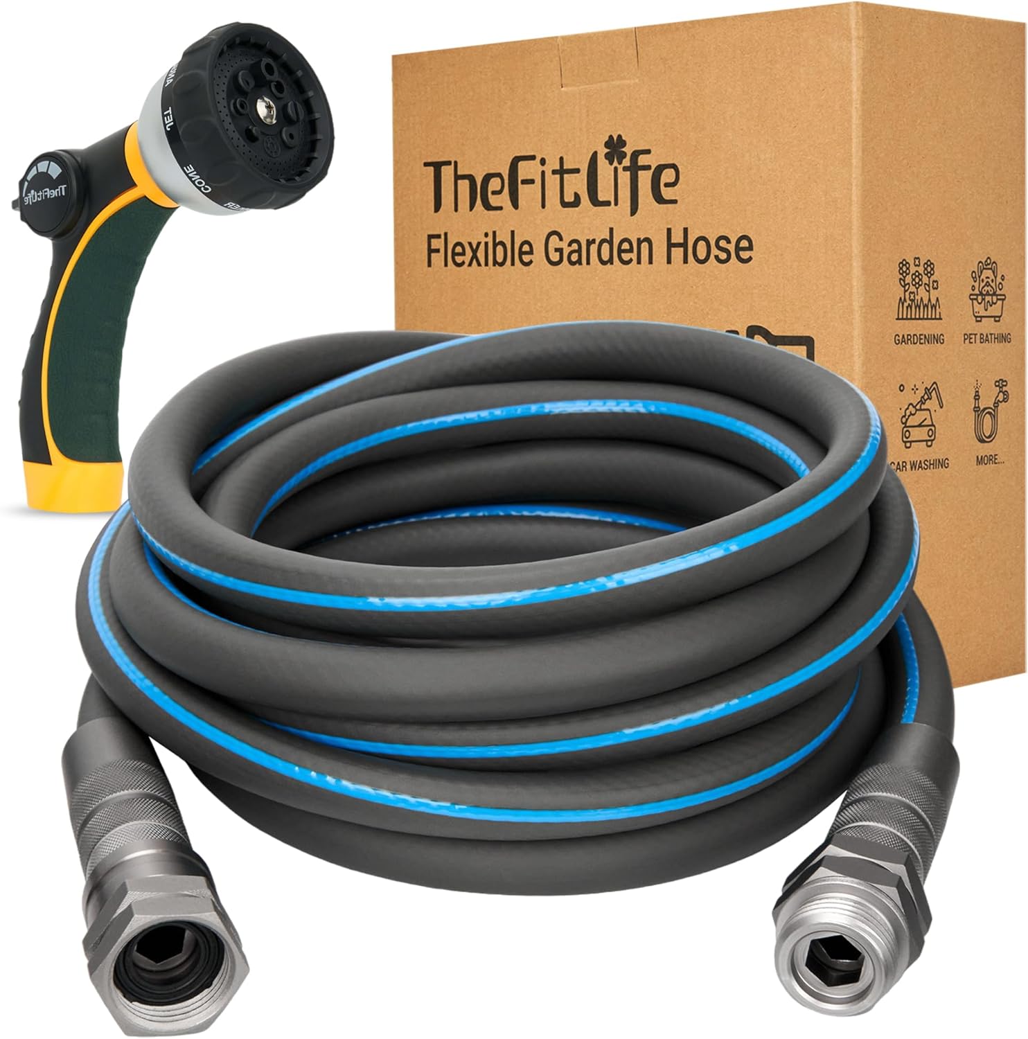 TheFitLife Garden Hose 25 FT - 25FT Flexible Water Hose with Nozzle and Metal Fi...