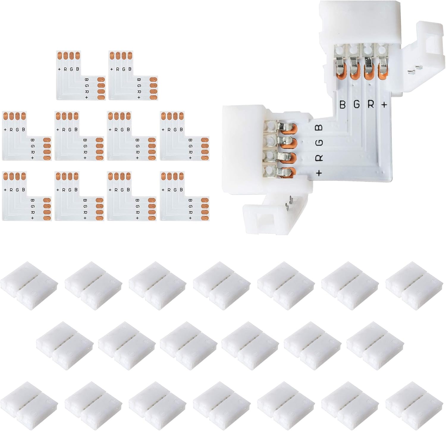 JACKYLED L Shape 4-Pin LED Connectors 10-Pack with 22Pcs Clips 10mm for Strip Li...