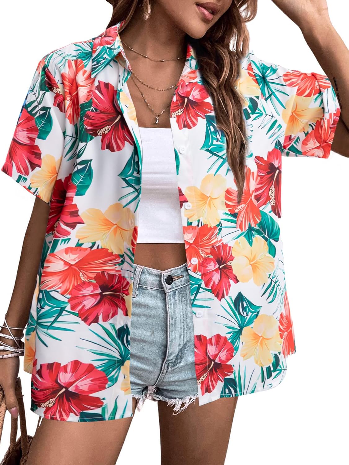 MYHALF Women Hawaiian Shirt Soft Cool Summer Hawaii Shirts Floral Tropic Print V...
