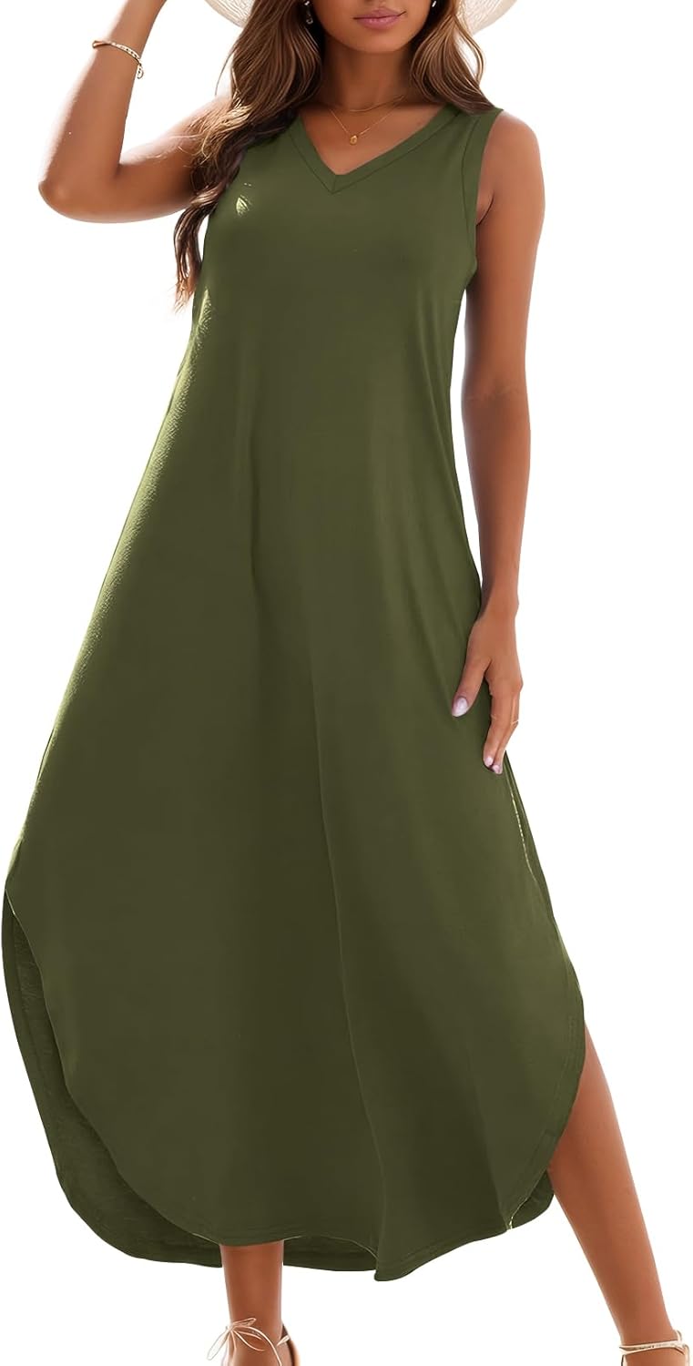 Zilcremo Women's Summer Casual Loose Sundress Long Dress Sleeveless V Neck Split...