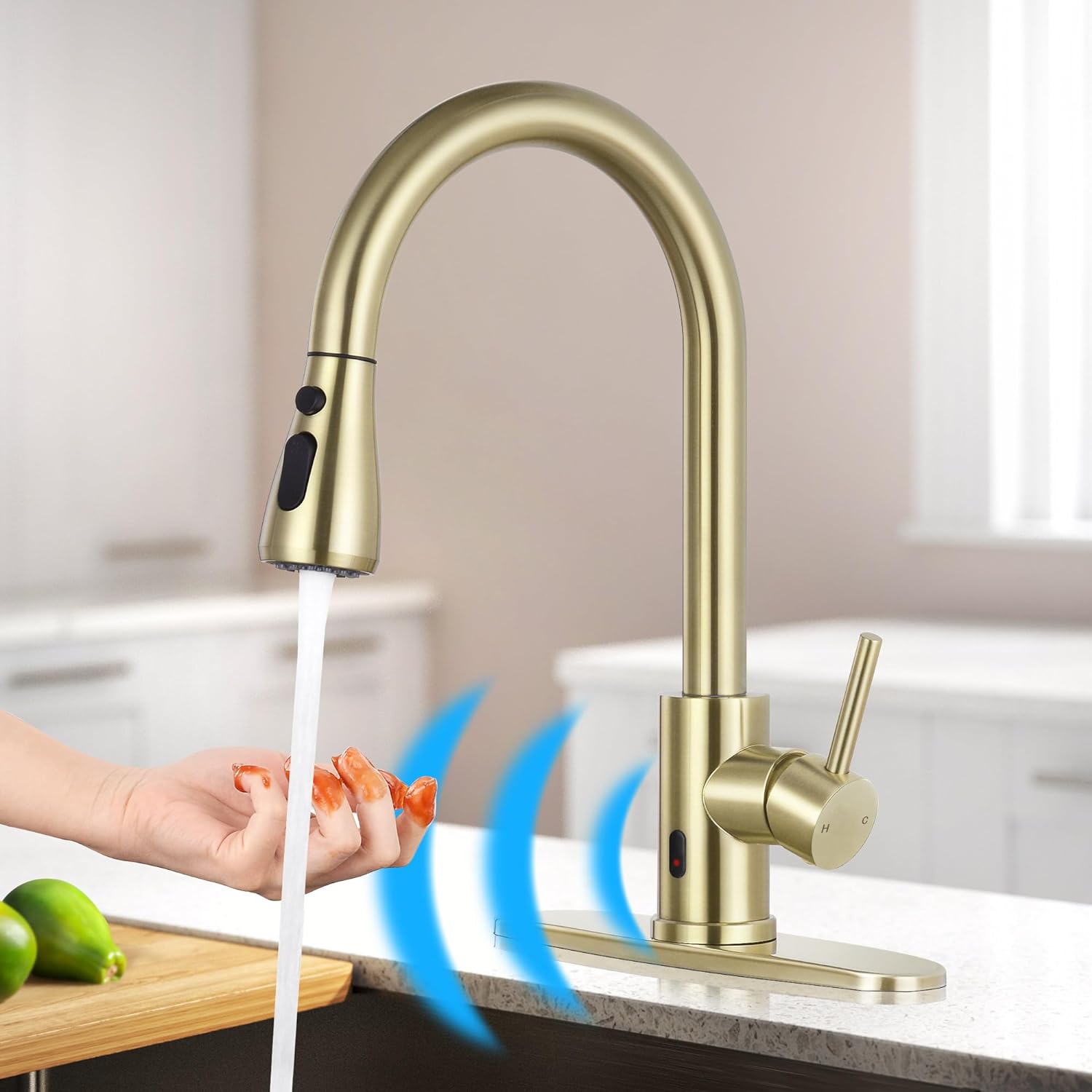 Qomolangma Brushed Gold Touchless Kitchen Faucet with Pull Down Sprayer, Hand Fr...