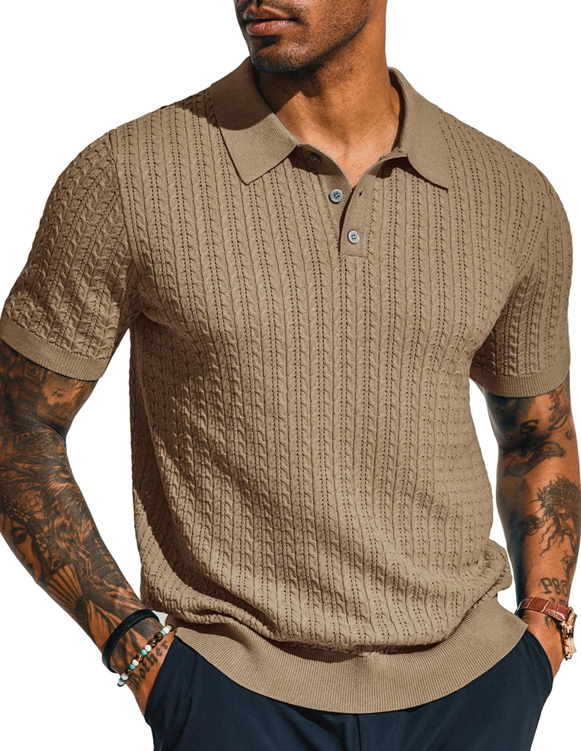PJ PAUL JONES Mens Knit Polo Shirt Short Sleeve Hollow Out Knit Shirt Texture Kn...