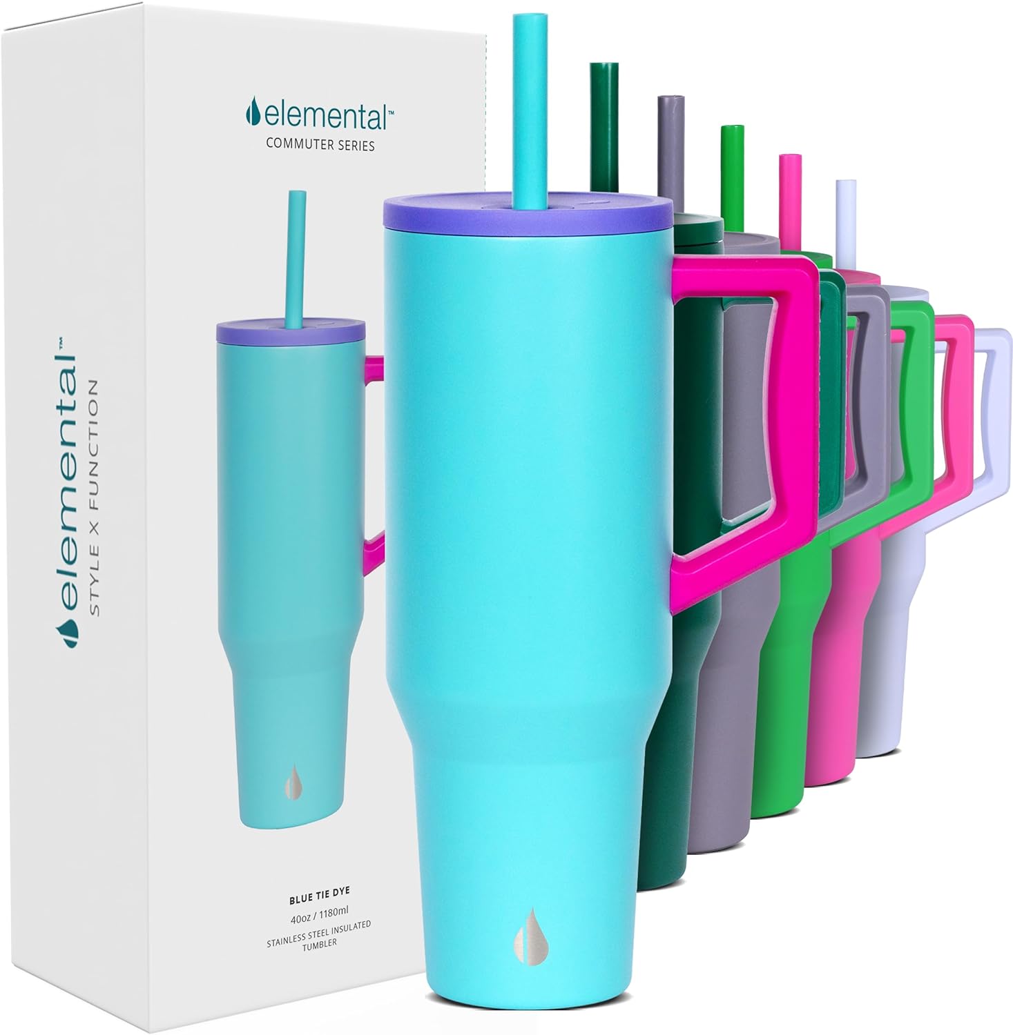 Elemental 40 oz Tumbler with Handle and Straw - Spill Proof Insulated Stainless...